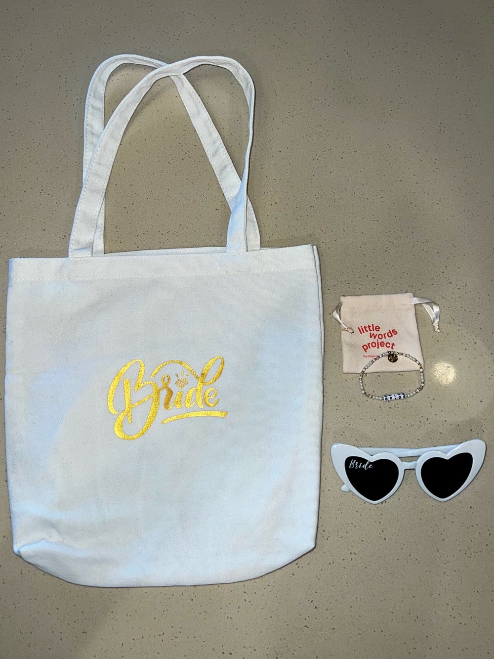 Little Words Project Bride Bracelet, Bride Canvas Tote & Bride Heart Sunglasses